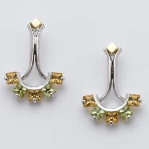 Citrine and peridot crescent and bar drop studs in 18 carat yellow and white gold.