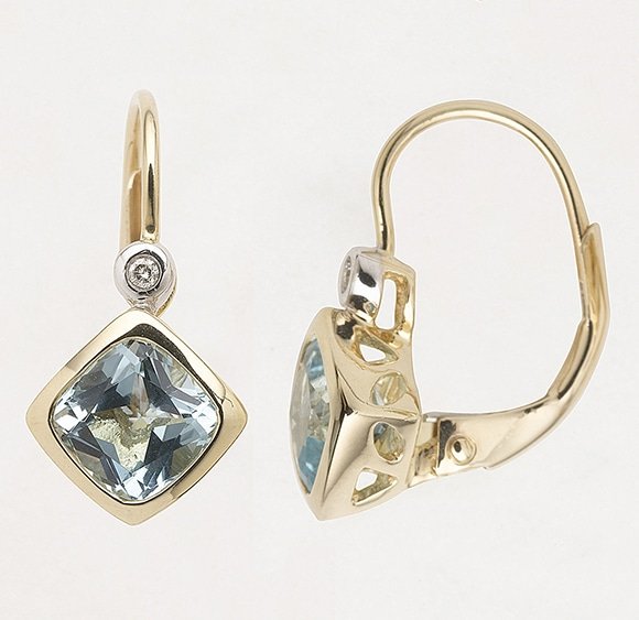Blue topaz and diamond drop earrings featuring 'European' style clips in 9 carat yellow gold.