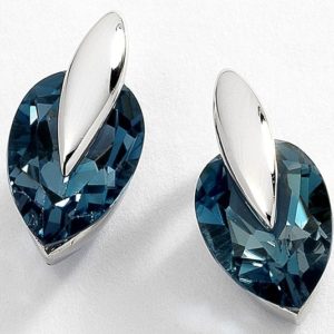Fancy tear-drop shape 'London Blue' topaz 9 carat white gold stud earrings.