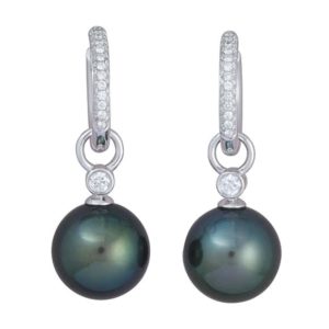 Tahitian pearl and diamond drops suspended from 18 carat white gold hinged pavé set diamond hinged 'Huggie' earrings.