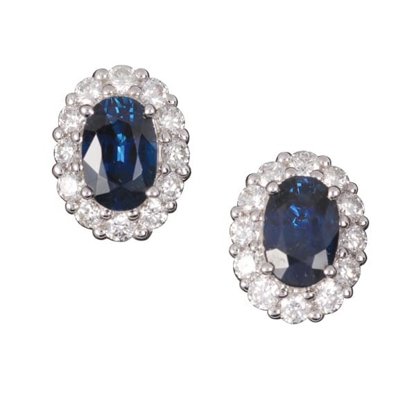 18 carat white gold oval Australian sapphire and diamond halo stud earrings