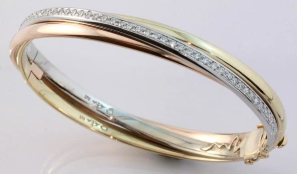 Multi coloured jewellery,Abrecht Bird Jewellers, diamond hinged bangle, three tone bangle,