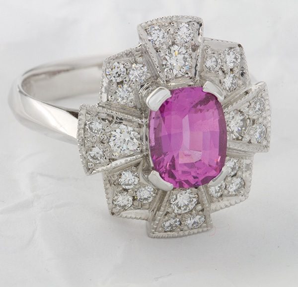 Eleanor Hawke, Eleanor Hawke jewellery, custom made jewellery, unique jewellery designs, pink spinel and diamond ring, pink sapphire and diamond ring, art deco style ring, coloured gemstone ring, Abrecht Bird, Abrecht Bird Jewellers