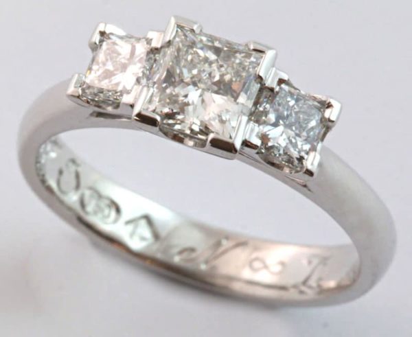 princess cut diamond engagement ring, princess cut diamond ring, three princess cut diamond ring, hand made engagement ring, Abrecht Bird, Abrecht Bird Jewellers, hand made jewellery, jewellery designers, jewellery workshop, custom made designs, three princess cut diamond ring, hand made engagement ring,