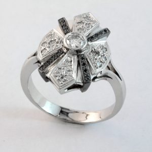 Eleanor Hawke jewellery, black and white diamond ring, eclipse ring, hand made jewellery, custom made jewellery, quality jewellery designs, unique jewellery designs