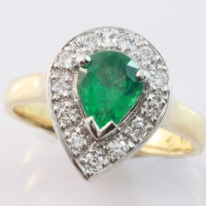emerald ring, hand made jewelry, quality hand made jewellery, emerald engagement ring, emerald halo ring, emerald and diamond halo ring, pear shaped emerald ring, emerald and diamond ring,
