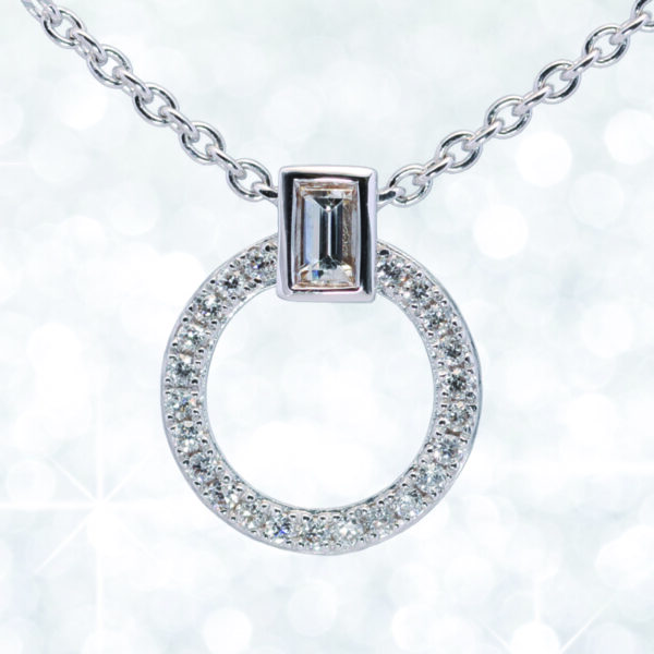 Abrecht Bird, Diamond pendant, diamond necklet, circle diamond pendant, baguette diamond, rectangular diamond, circle pendant,