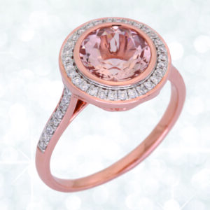 Abrecht Bird, rose gold, rose gold ring, rose gold diamond ring, morganite, morganite ring, halo ring,