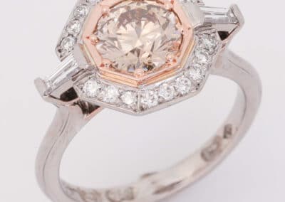 Abrecht Bird, Eleanor Hawke, Argyle diamond, cognac diamond, diamond halo ring, baguette diamond, hand crafted, hand made, custom designed ring, two tone ring, rose gold, white gold, Art Deco