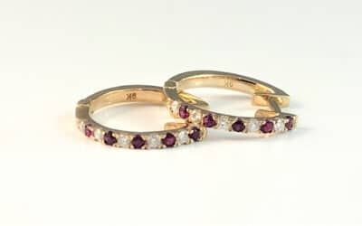 120706 : 9 Carat Yellow Gold Ruby & Diamond Hoop Earrings