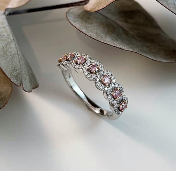 Abrecht Bird, Abrecht Bird Jewellers, Argyle, pink diamond, pink diamond ring, Argyle cluster ring, white gold, diamond anniverary ring, anniversary ring, wedding ring