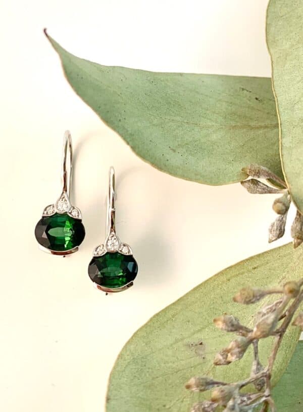 Abrecht Bird Jewellers, tourmaline and diamond earrings, tourmaline earrings, green drop earrings, green earrings