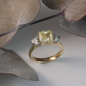 Abrecht Bird Jewellers, yellow diamond, diamond engagement ring, cushion diamond ring, cushion, square yellow diamond, yellow diamond engagement ring,