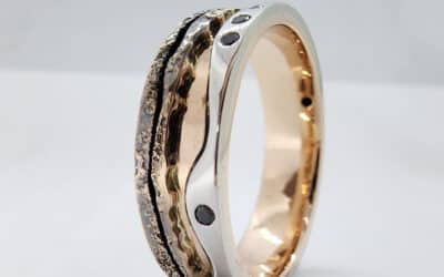 108 : 9 Carat White & Rose Gold Mens Wedding Ring With Black Diamonds