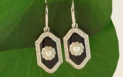 120863 : 9 Carat White Gold Onyx, Pearl & Diamond Drop Earrings