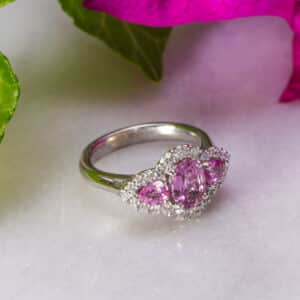 Abrecht Bird, Abrecht Bird Jewellers, pink sapphire, diamonds, cluster, white gold, claw set,