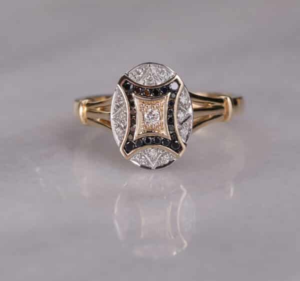 Abrecht Bird, Abrecht Bird Jewellers, black diamonds, white diamonds, channel set, split shoulder, cluster ring, yellow gold,