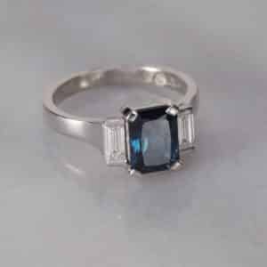 Abrecht Bird, Abrecht Bird Jewellers, sapphire, diamond, emerald cut, baguette cut, handmade, Tony Lane, 3 stone ring,