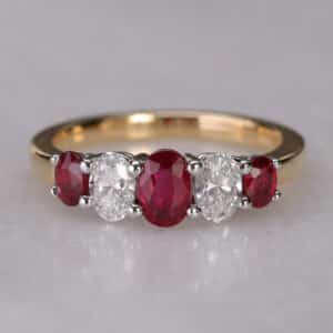 Abrecht Bird, Abrecht Bird Jewellers, ruby, diamond, 5 stone ring, shared claw, white gold, yellow gold, oval stones,