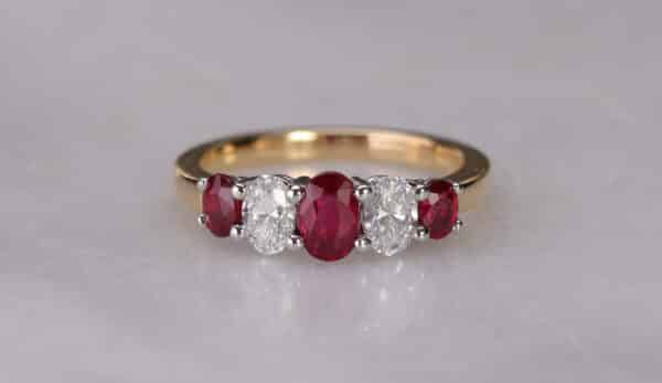 Abrecht Bird, Abrecht Bird Jewellers, ruby, diamond, 5 stone ring, shared claw, white gold, yellow gold, oval stones,