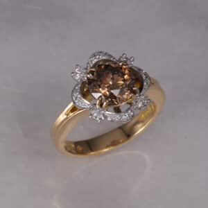 Abrecht Bird, Abrecht Bird Jewellers, Tony Lane, Cognac diamond, handmade, yellow gold, white gold, cluster ring, ring,